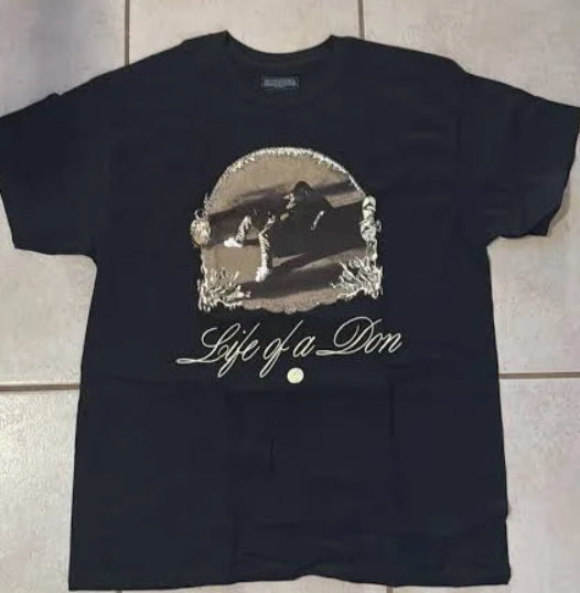 Front view of Don Toliver Life of a Don black T-shirt featuring Cactus Jack and BAPE logos, sizes small and large from ShAesthetics