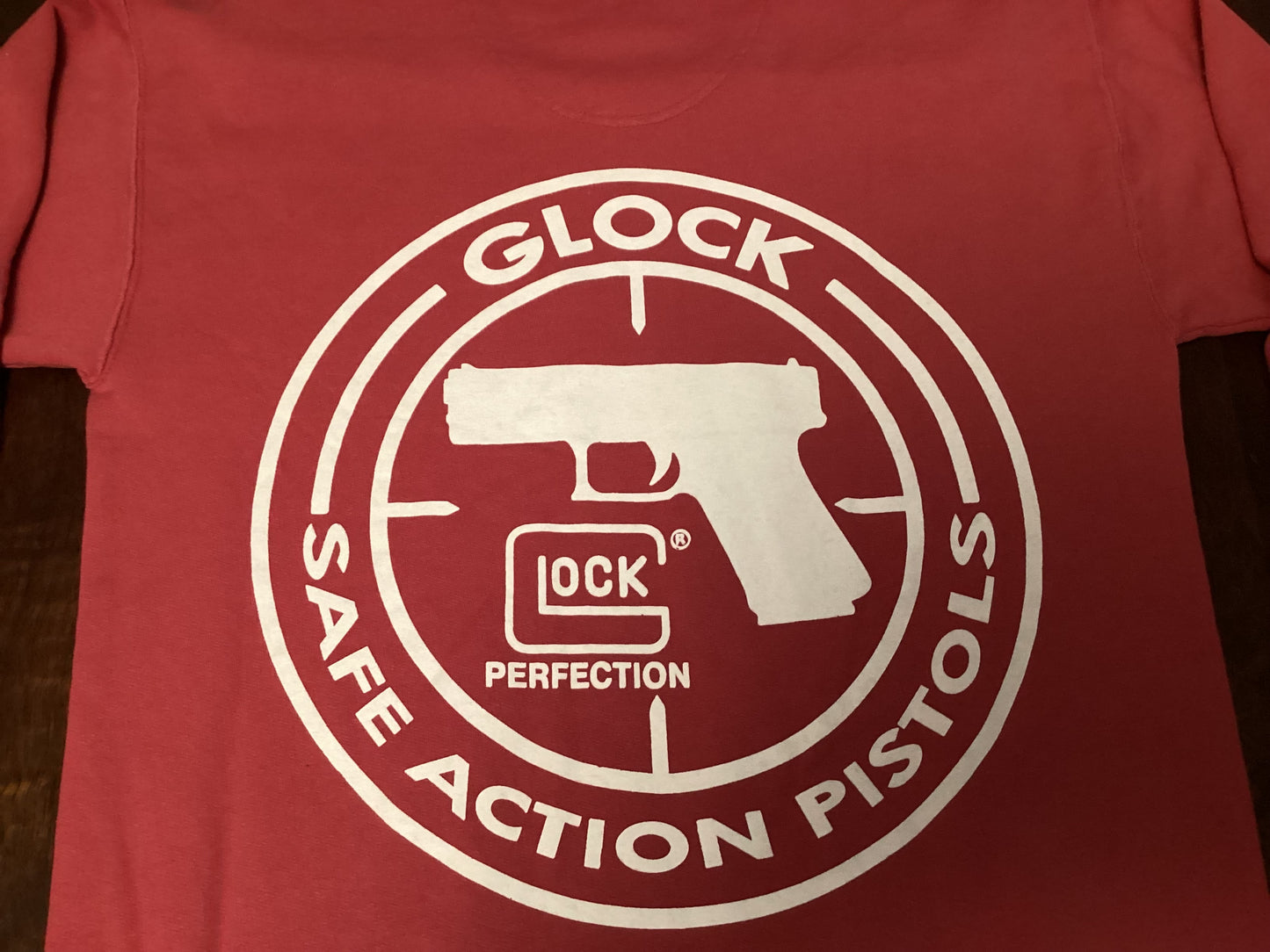 Back view of the Team Glock red crewneck sweatshirt, small size, offering cozy fit and striking design for everyday wear from ShAesthetics