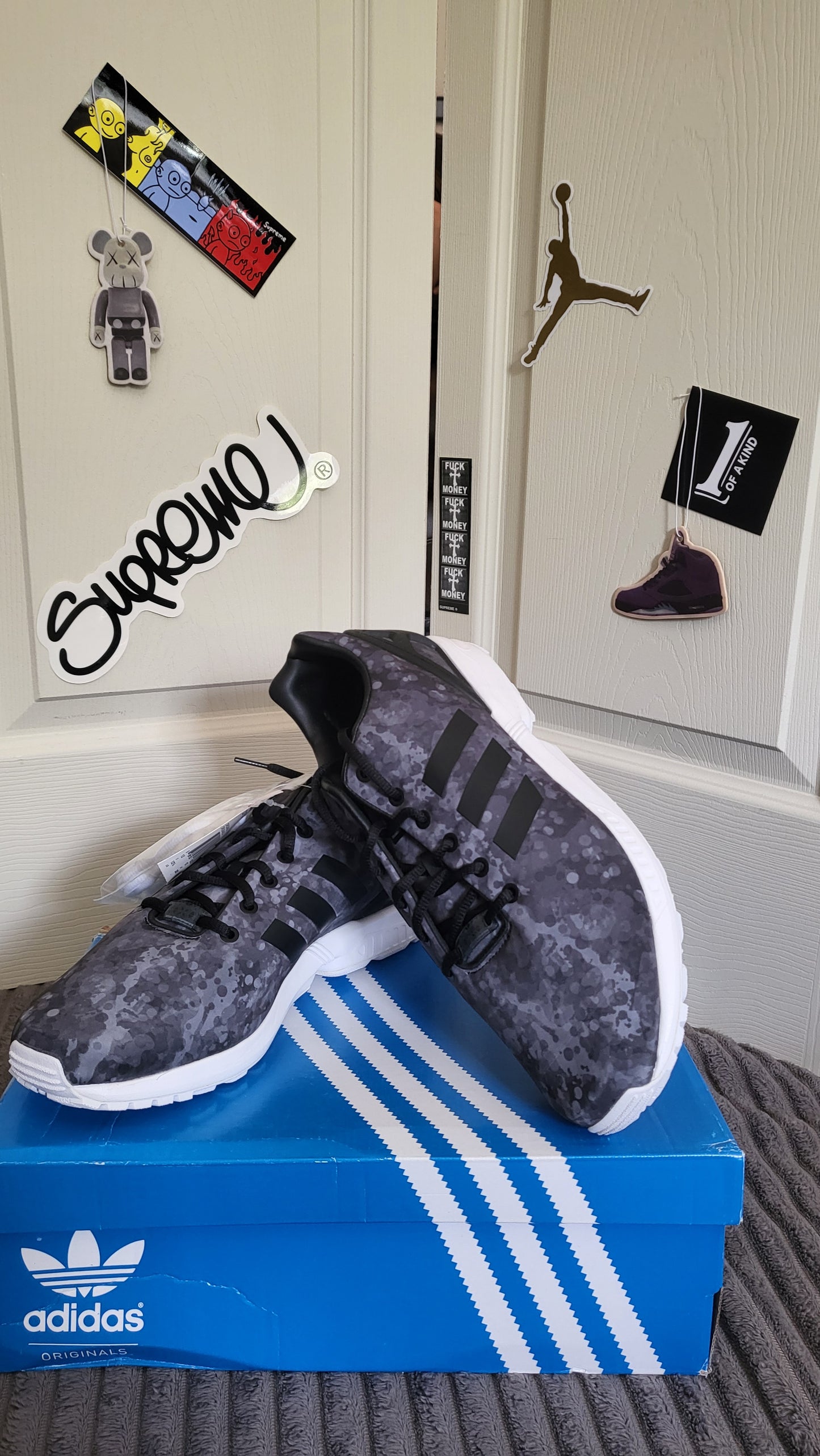 Adidas ZX Flux White Mountaineering sneakers in digital camo black with original blue Adidas box