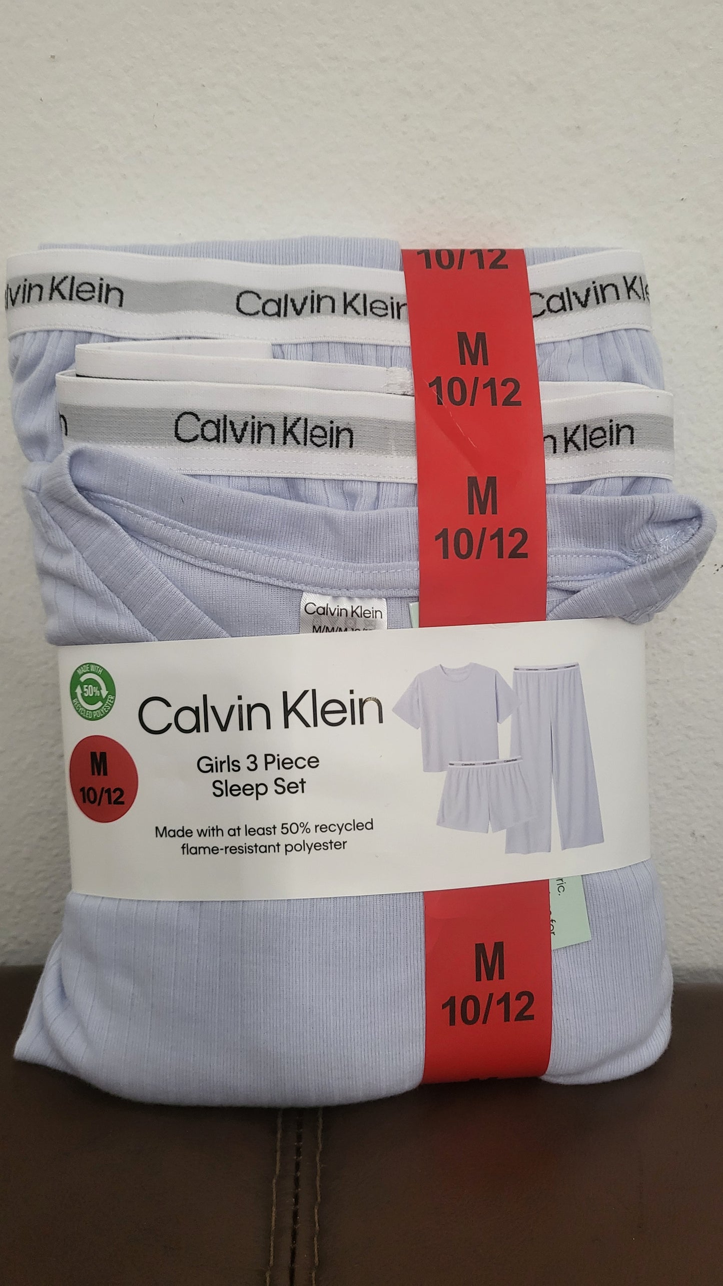 Calvin Klein girls 3-piece sleepwear set in light blue, size M 10/12.