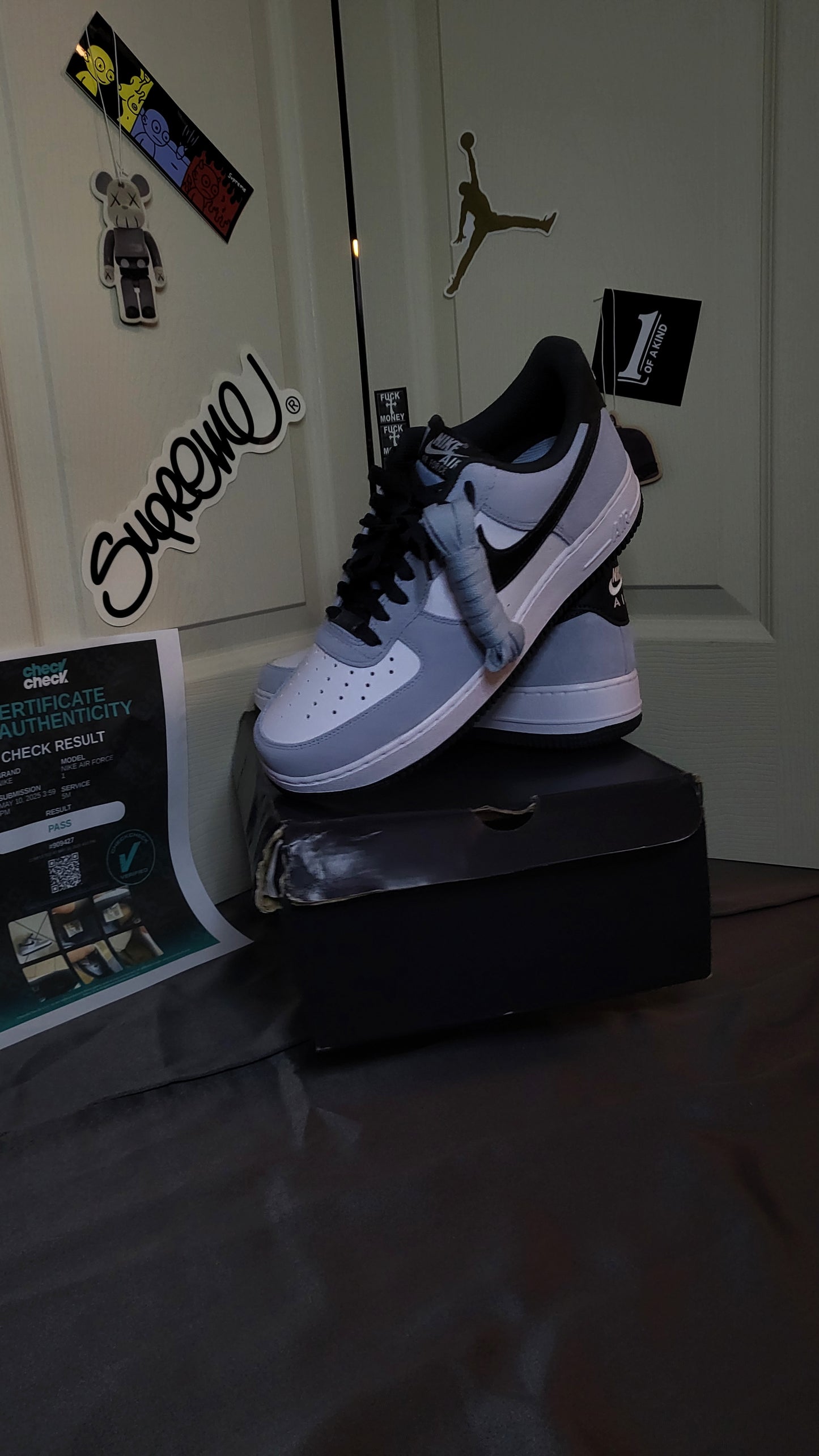 Brand new Nike Air Force 1 ’07 LV8 men’s sneakers in light armory blue suede with white midsole and black swoosh, size 11.5, original box damaged but shoes in pristine condition