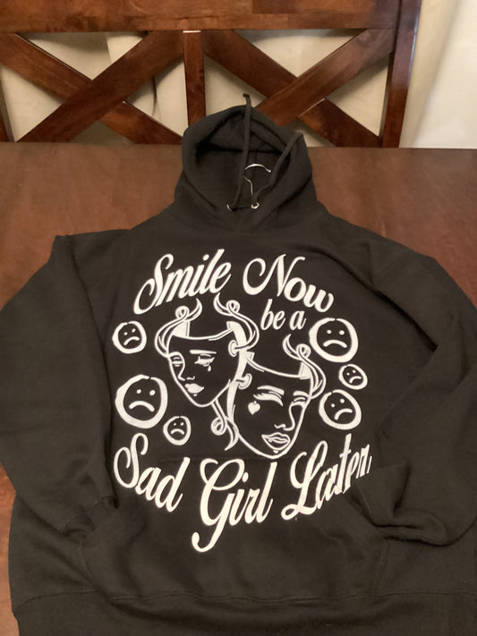 Sad Boys Hoodie in black, XL size, featuring the bold “Smile Now, Be a Sad Girl Later” graphic — perfect streetwear statement piece from ShAesthetics