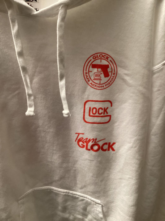 Close-up of GLOCK logo on white hoodie limited drop edition, size large from ShAesthetics