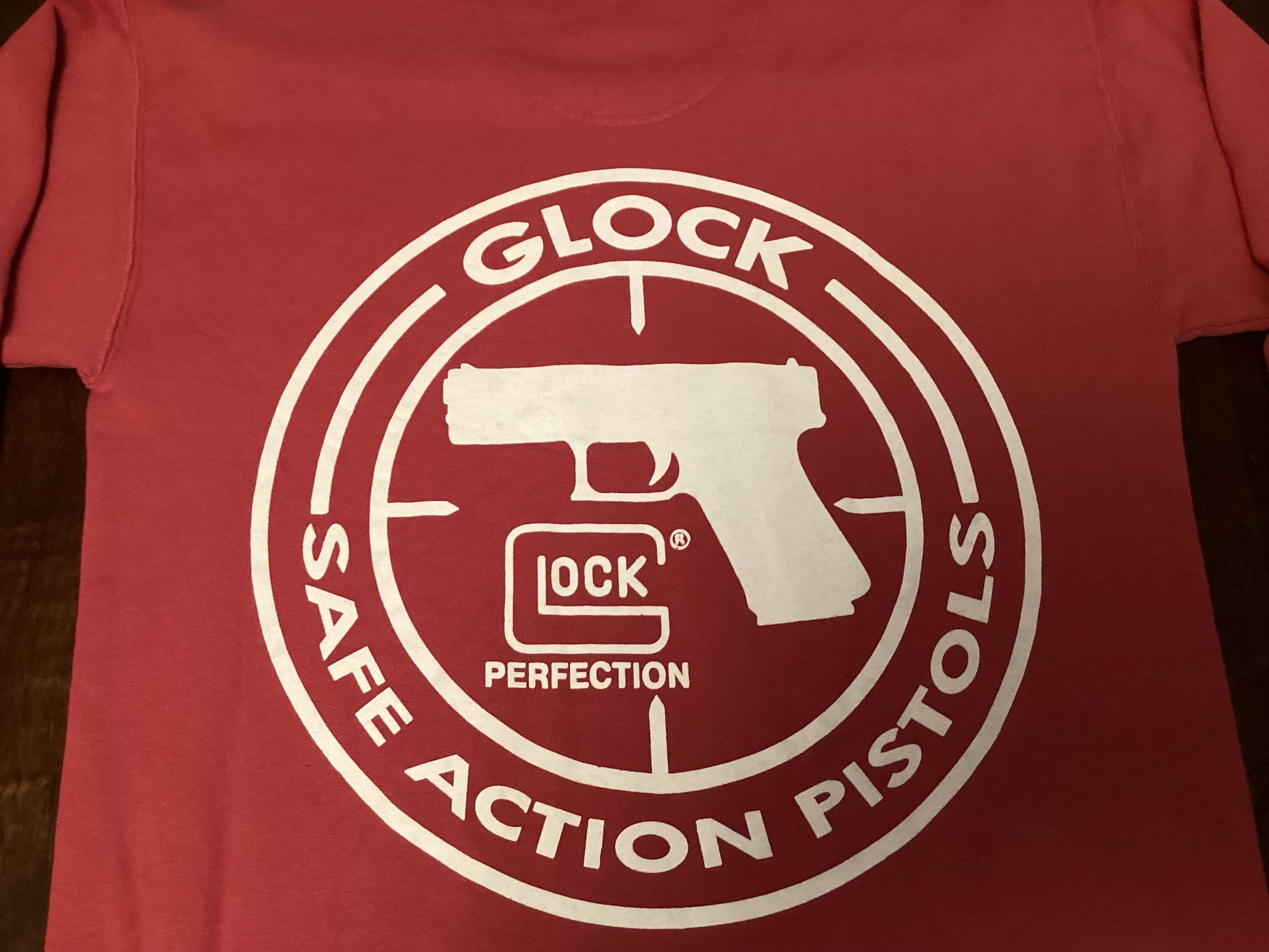 Back view of the Team Glock red crewneck sweatshirt, small size, offering cozy fit and striking design for everyday wear from ShAesthetics