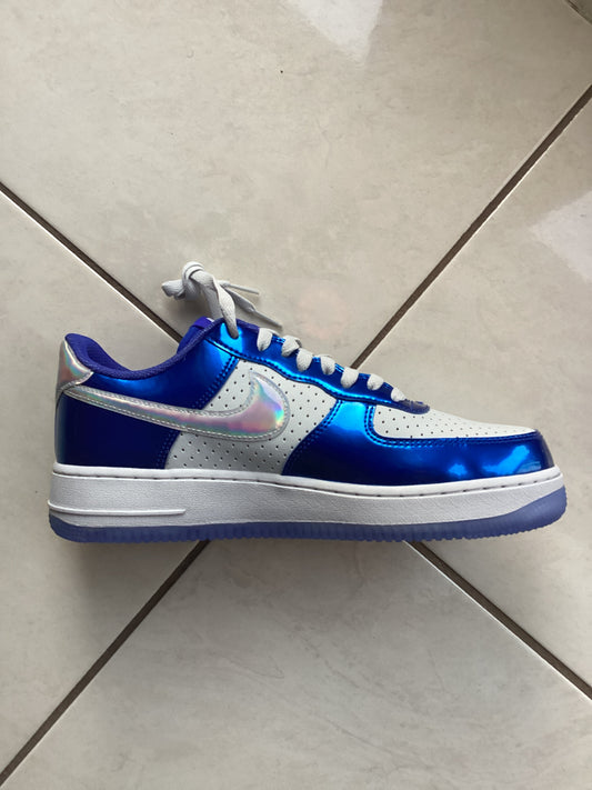 Nike Air Force 1 ‘07 LV8 Light Photo Blue Multicolor sneaker laying on side showing Nike label – men’s size 9.5 streetwear shoes from ShAesthetics