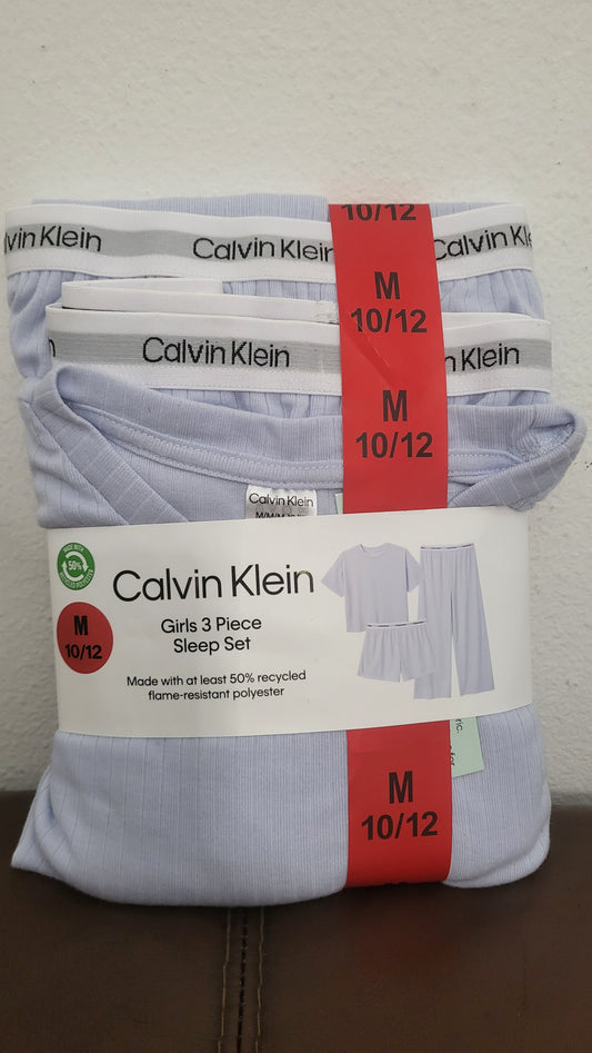 Calvin Klein girls 3-piece sleepwear set in light blue, size M 10/12.