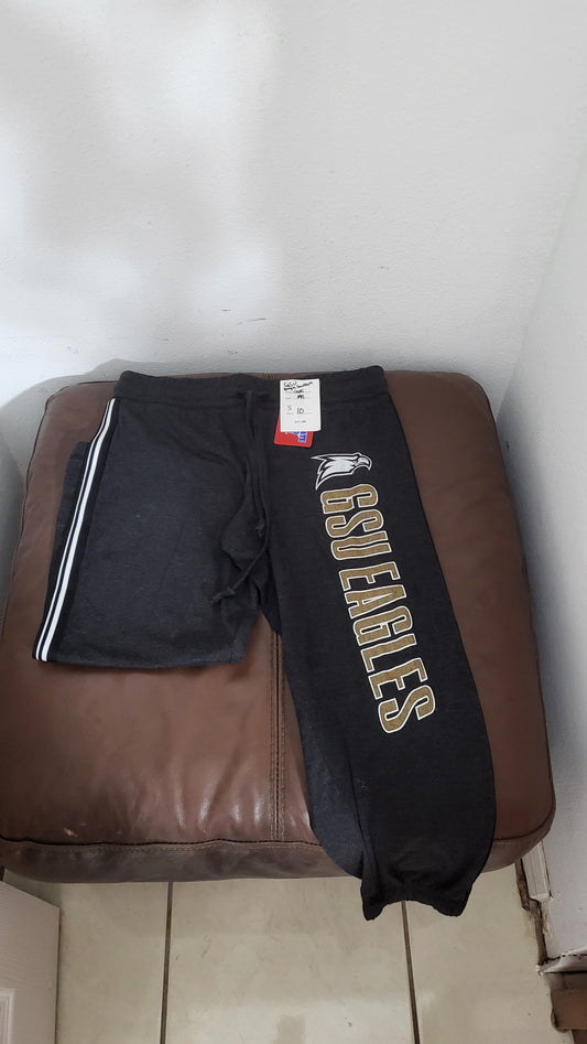 Close-up of GSU Eagles charcoal joggers showing gold and white logo graphic and elastic ankle cuff, size M