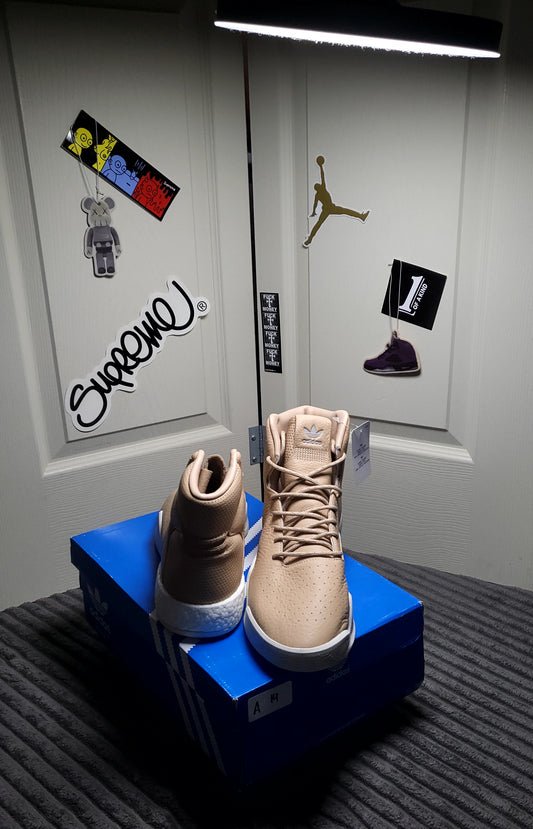 Adidas Tubular Instinct Boost sneakers in size 11.5, “Tan Gum” colorway blending luxe techwear style with retro-futuristic design, available at ShAesthetics