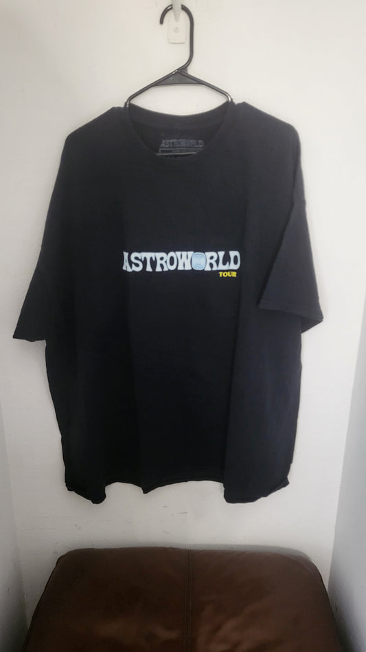 Front of Travis Scott ASTROWORLD tour t-shirt with colorful logo and TOUR text
